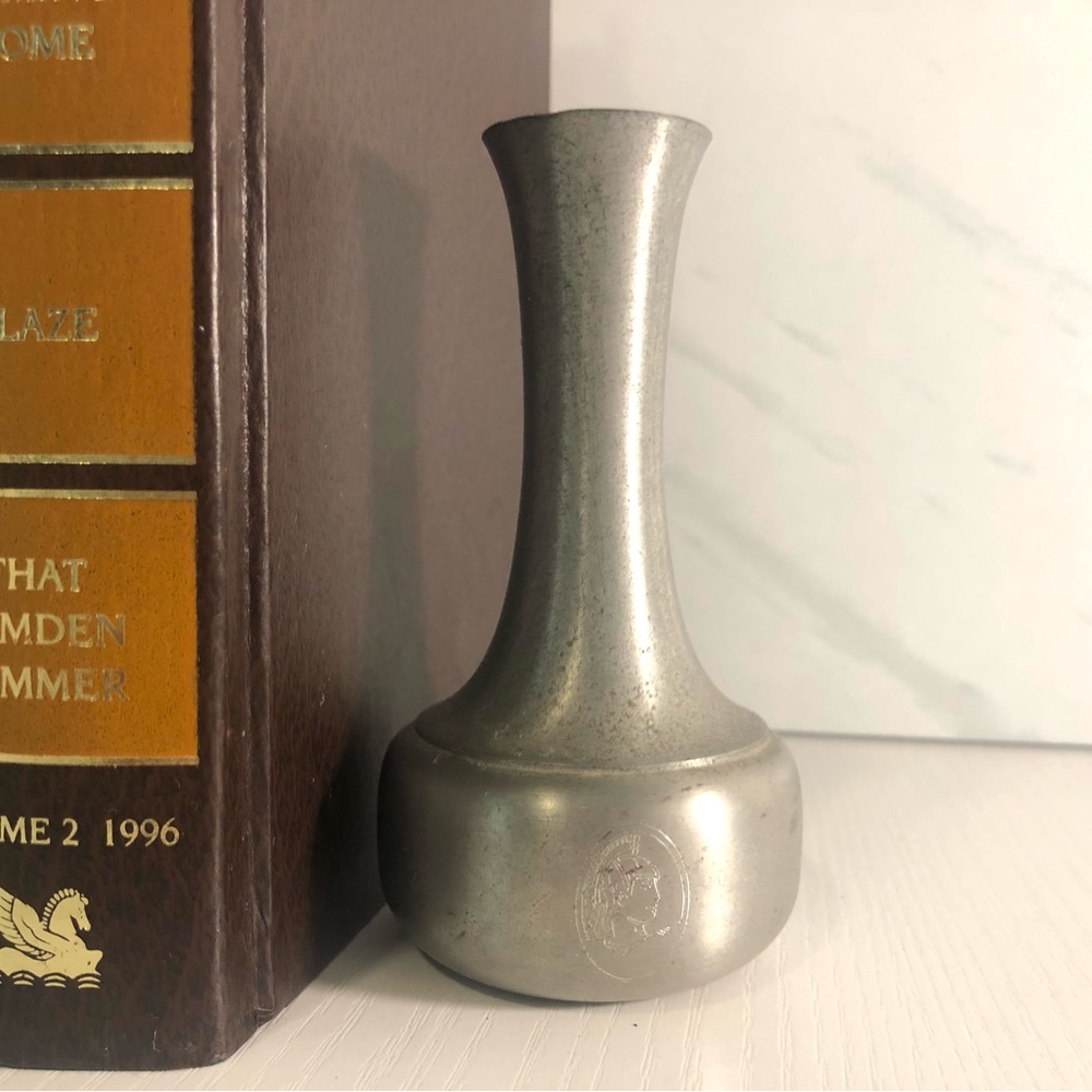 Josten’s Pewter Bud Vase with Roman detail